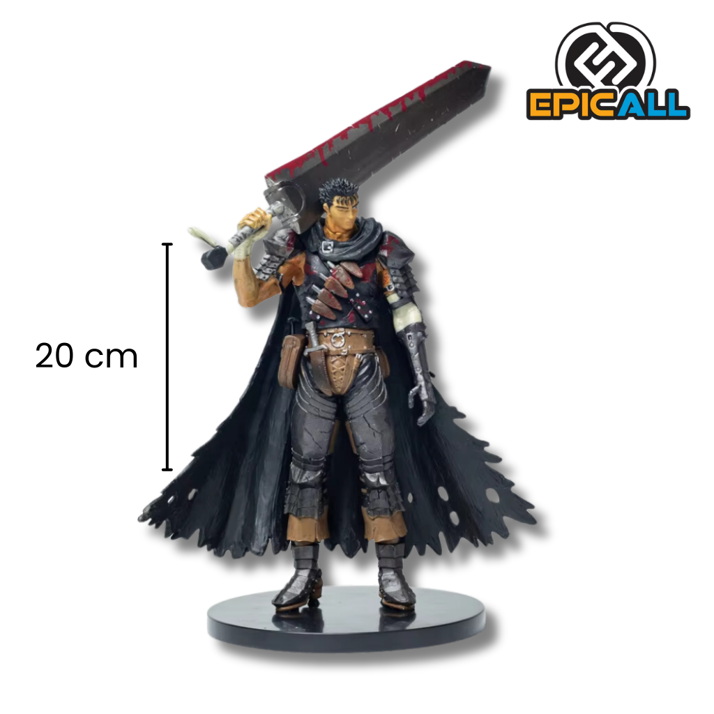 Una figura de acción de Guts, un personaje de anime de cabello negro y largo, con una armadura oscura y una gran espada. Tiene una expresión facial seria y una postura desafiante. La figura mide 30 centímetros de alto y está hecha de PVC.