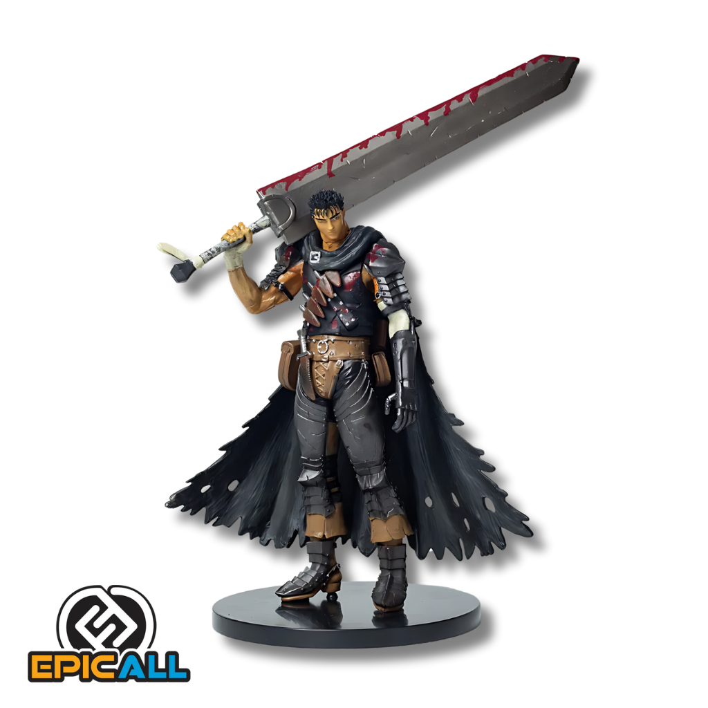 Una figura de acción de Guts, un personaje de anime de cabello negro y largo, con una armadura oscura y una gran espada. Tiene una expresión facial seria y una postura desafiante. La figura mide 30 centímetros de alto y está hecha de PVC.