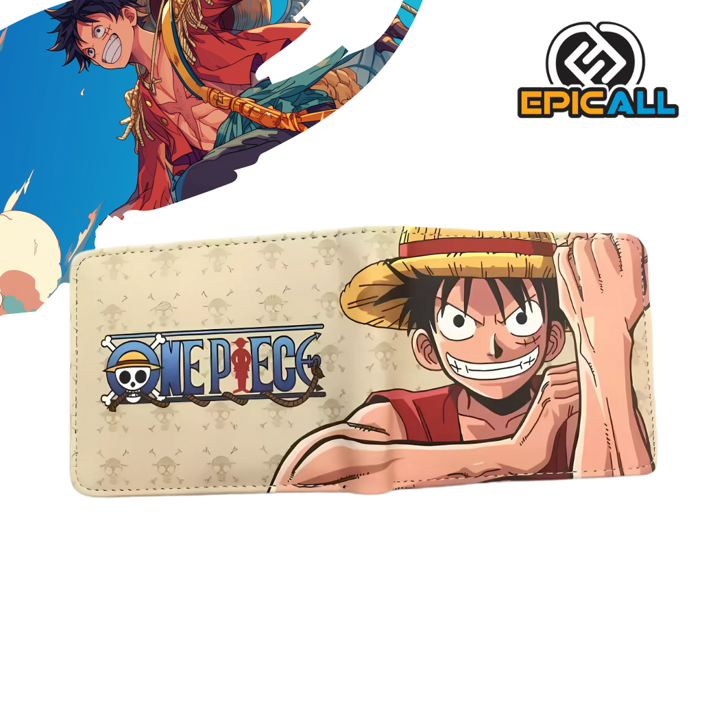 Billetera compacta de One Piece con diseño de Monkey D. Luffy, mide 11 x 8.5 cm y cuenta con compartimentos para tarjetas y billetes.