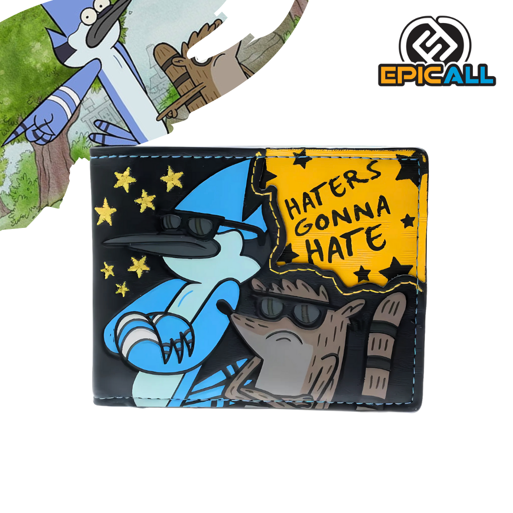 Una billetera de color negro con una imagen de Mordecai y Rigby, dos personajes de dibujos animados. Los personajes están usando gafas de sol y la frase "Haters Gonna Hate" aparece en la parte superior de la billetera. La billetera tiene un diseño moderno y rectangular.