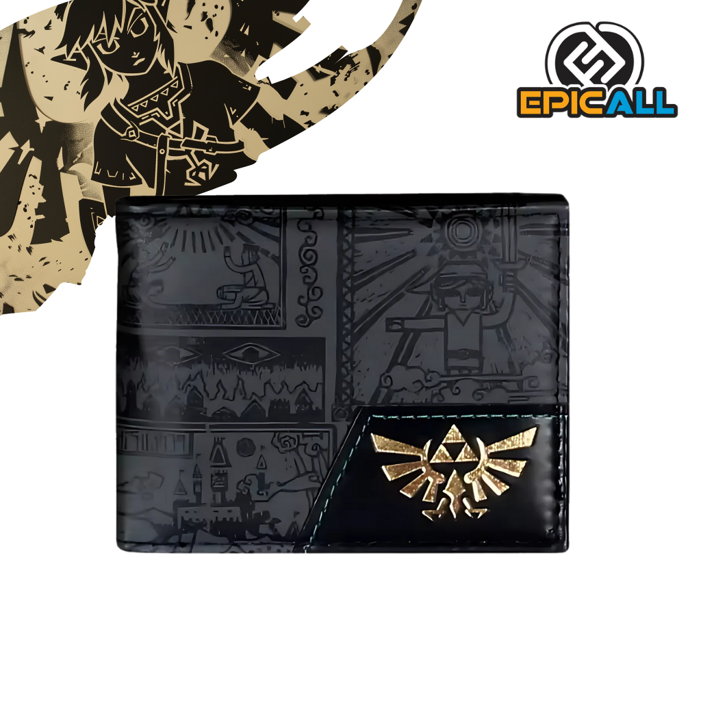 Una billetera de cuero negra con un diseño inspirado en The Legend of Zelda. La billetera presenta un patrón de símbolos y jeroglíficos de Hyrule, así como el icónico Triforce en la esquina inferior derecha. El fondo de la billetera es de color negro y los detalles son de color dorado.