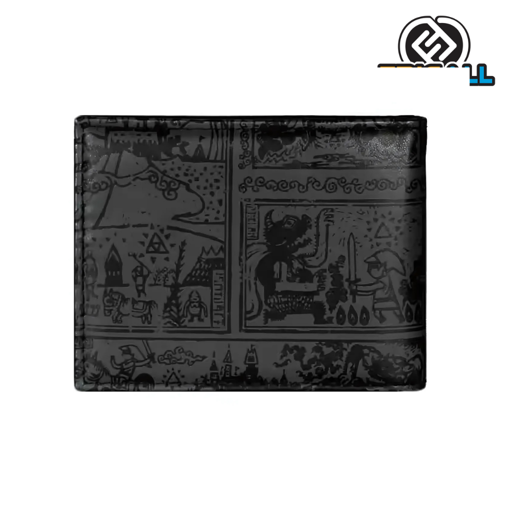 Una billetera de cuero negra con un diseño inspirado en The Legend of Zelda. La billetera presenta un patrón de símbolos y jeroglíficos de Hyrule, así como el icónico Triforce en la esquina inferior derecha. El fondo de la billetera es de color negro y los detalles son de color dorado.
