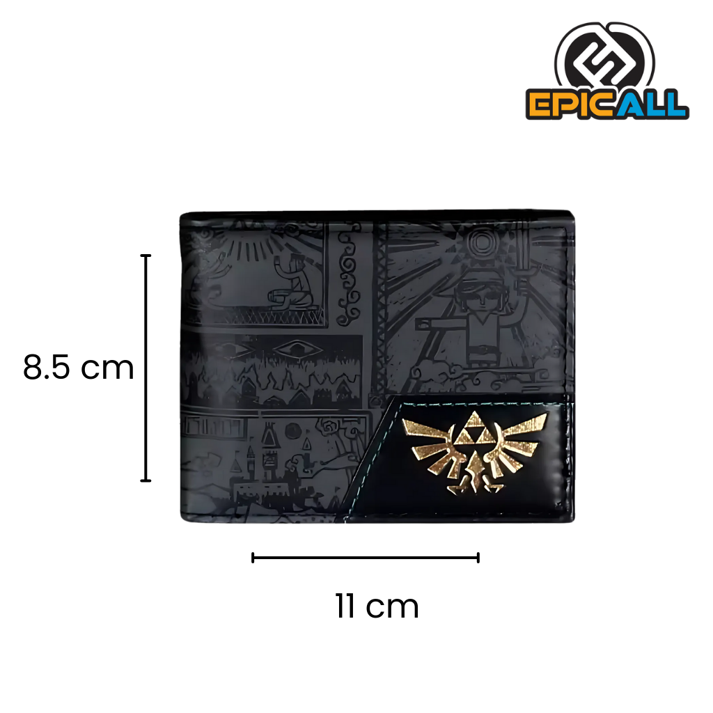 Una billetera de cuero negra con un diseño inspirado en The Legend of Zelda. La billetera presenta un patrón de símbolos y jeroglíficos de Hyrule, así como el icónico Triforce en la esquina inferior derecha. El fondo de la billetera es de color negro y los detalles son de color dorado.