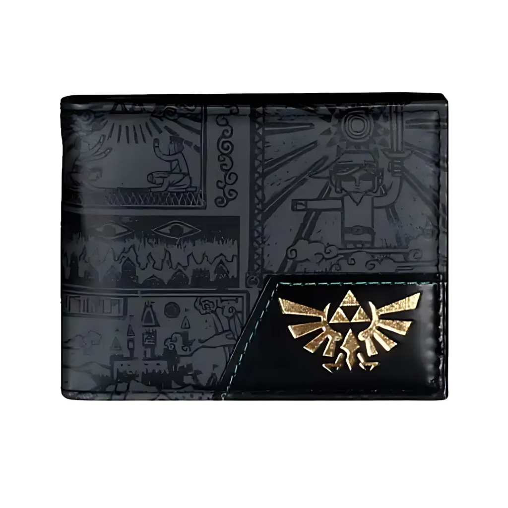 Billetera color negro con un diseño de la historia de Hyrule tematica del videojuego The Legend of Zelda, con fondo blanco.