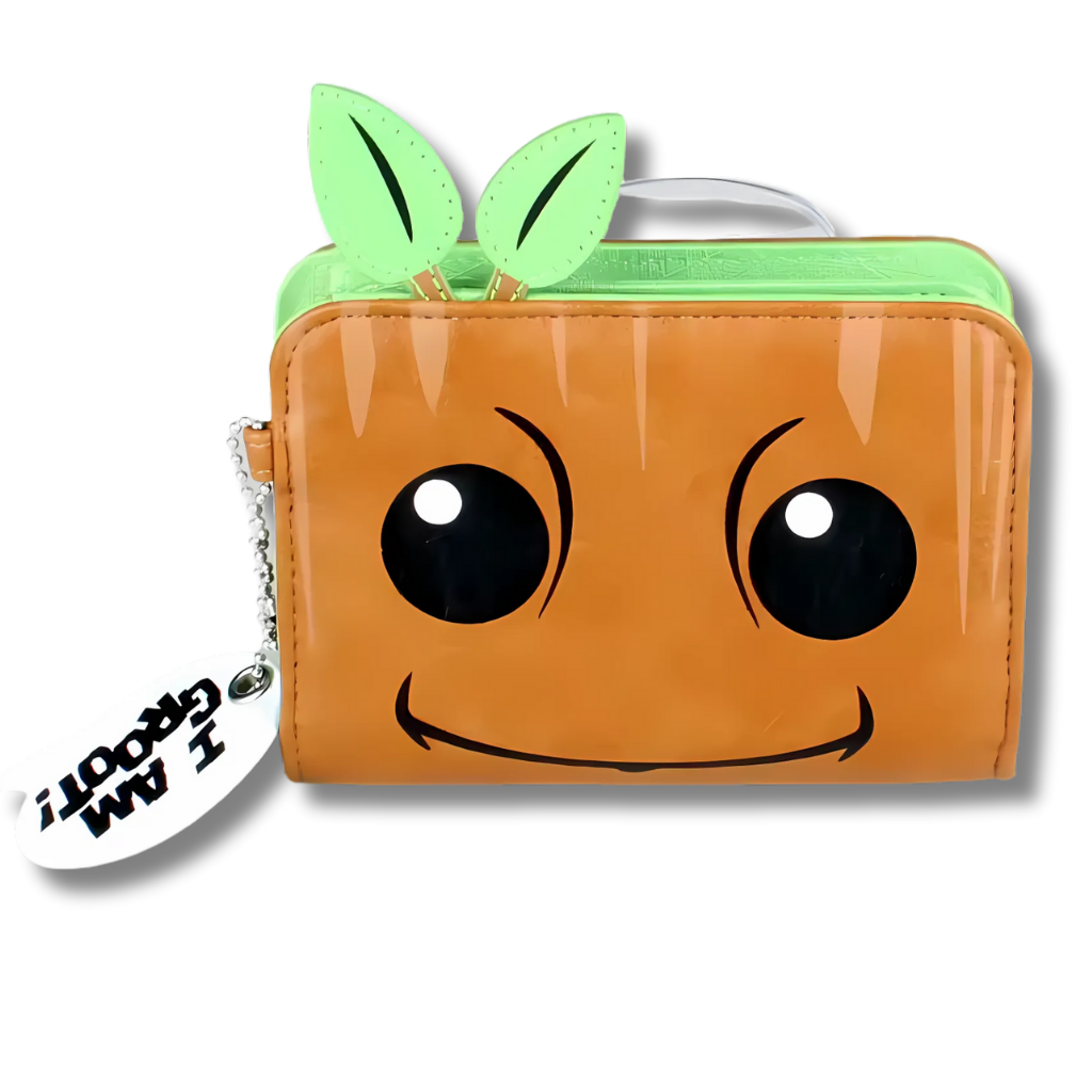 Billetera Groot de Guardianes de la Galaxia Marvel con fondo blanco.