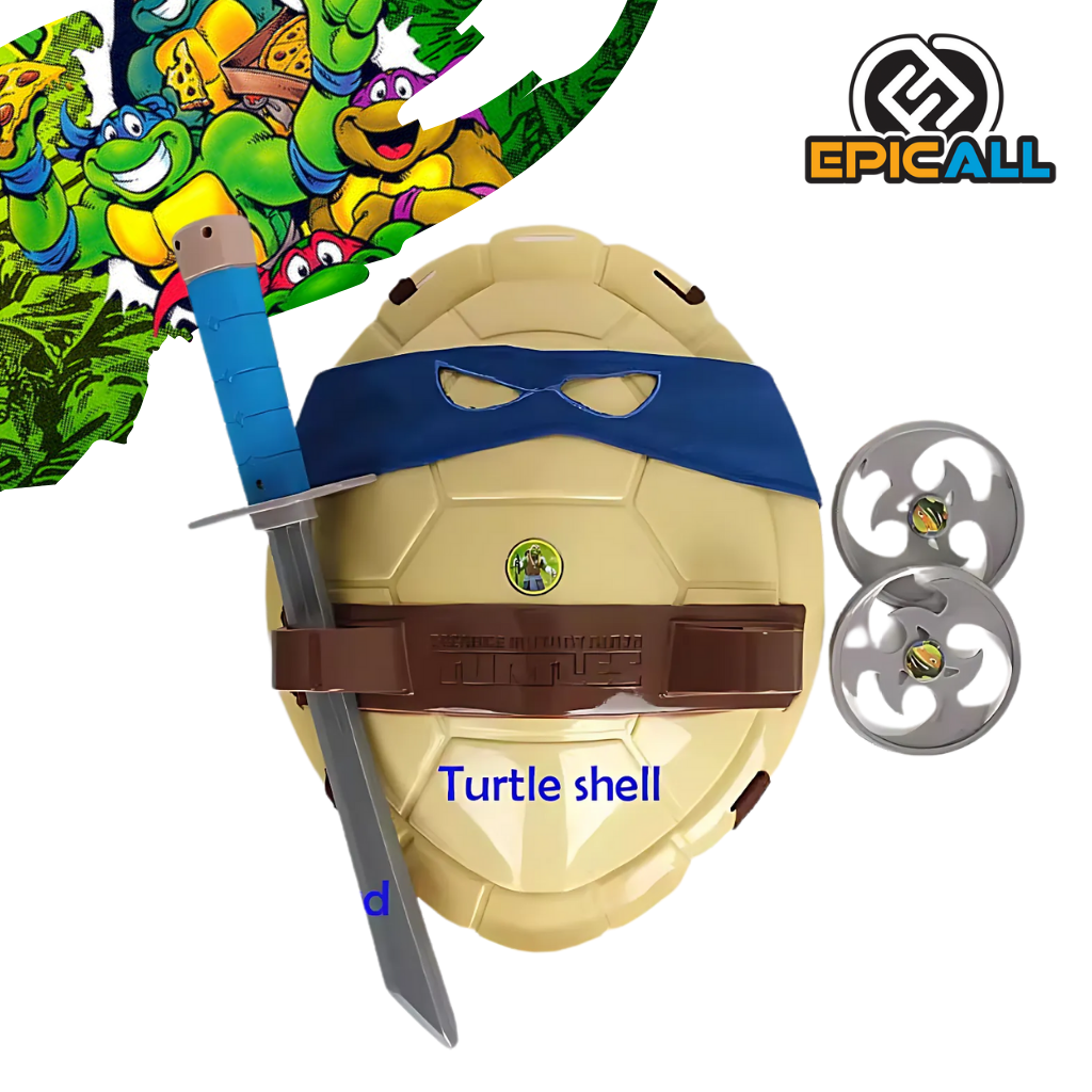 Disfraz para niños, caparazón de tortuga marrón, una máscara azul con un parche ocular , una espada y dos nunchakus.