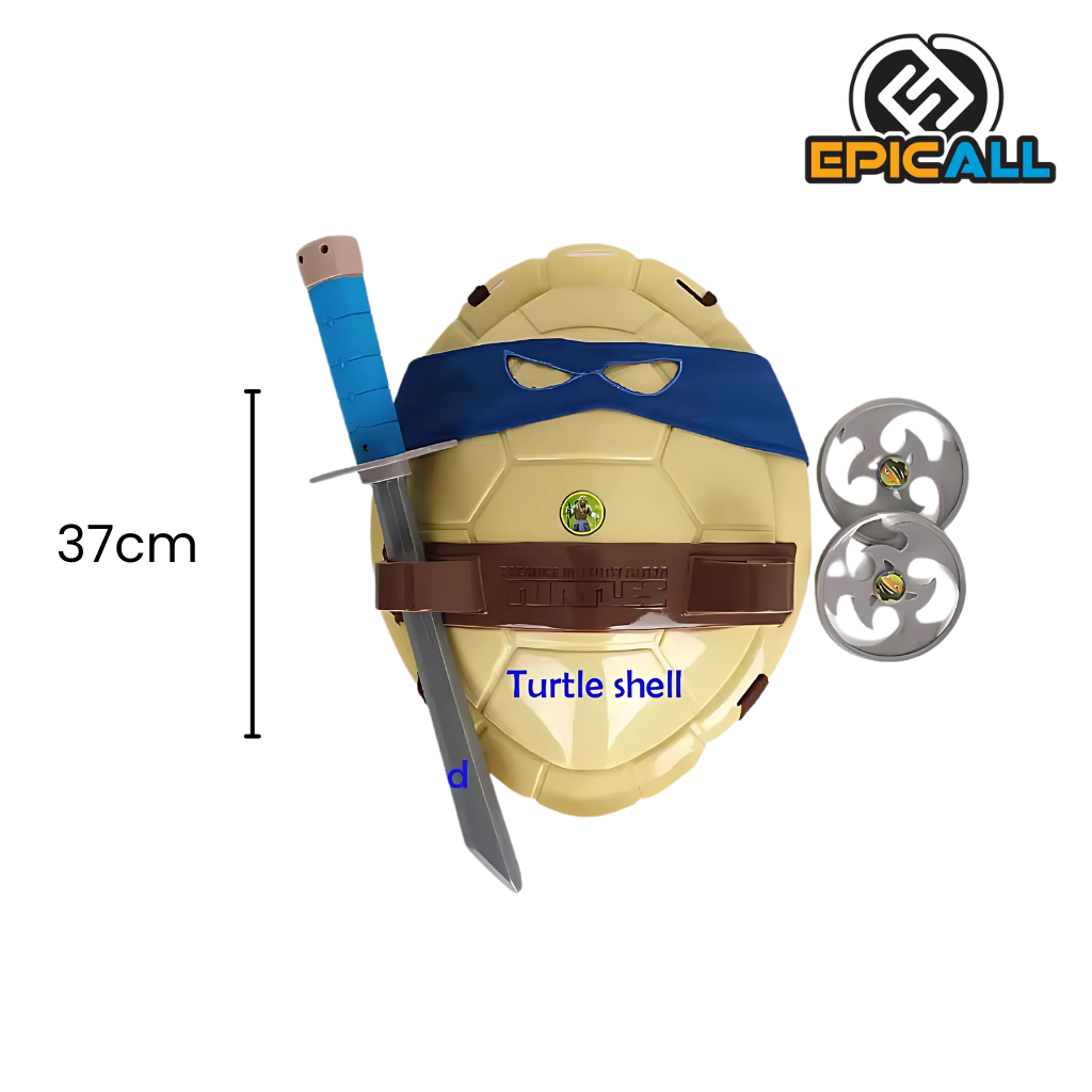 Disfraz para niños, caparazón de tortuga marrón, una máscara azul con un parche ocular , una espada y dos nunchakus.