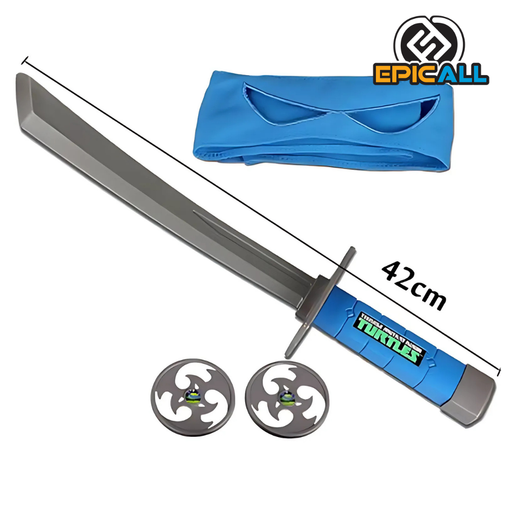 Disfraz para niños, caparazón de tortuga marrón, una máscara azul con un parche ocular , una espada y dos nunchakus.