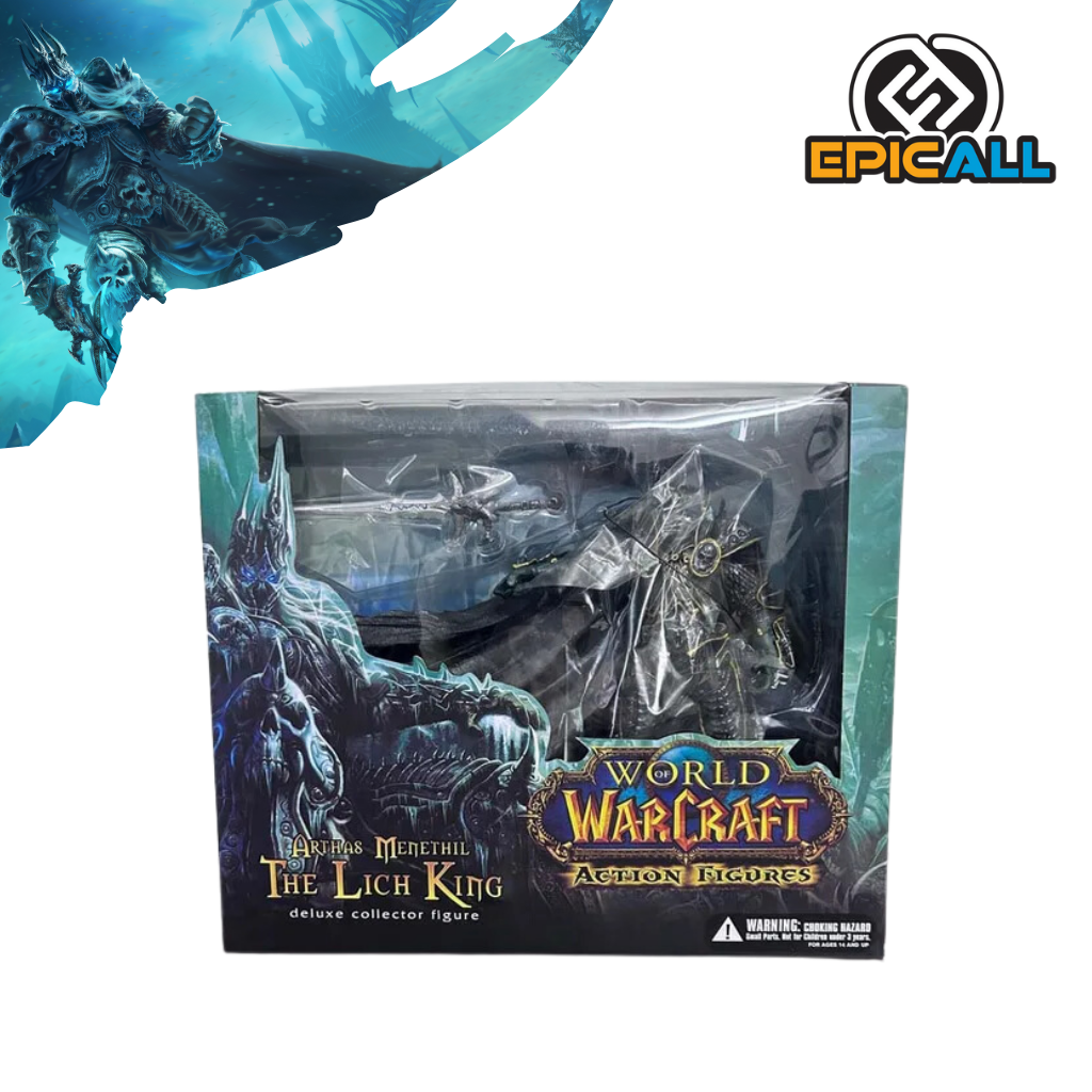 La imagen muestra una estatua de 20 cm del personaje Arthas Menethil de World of Warcraft, con detalles de armadura y espada, representado en una pose poderosa y oscura.