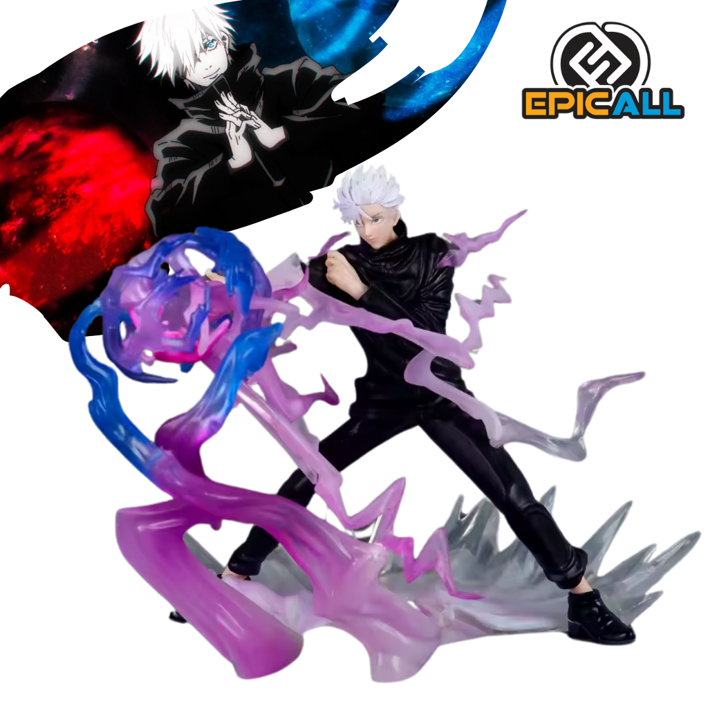 Una figura de acción de Gojo Satoru, un personaje del anime Jujutsu Kaisen. Gojo está representado en su forma "Púrpura Vacío", con los ojos blancos y un aura púrpura que lo rodea. Lleva un uniforme de hechicero y tiene una expresión seria. La figura está colocada sobre una base negra.