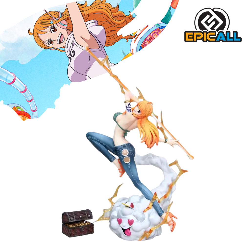 Una figura de acción de Nami, un personaje del anime One Piece. Nami está representada surcando los cielos sobre una nube, con su bastón climático en la mano. Lleva un atuendo de marinera y tiene el cabello largo y naranja. La figura está colocada sobre una base con nubes y rayos.
