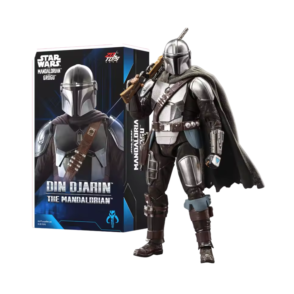Figura articulada de Din Djarin, el Mandaloriano, luciendo su brillante armadura de Beskar y capa de tela, sosteniendo su rifle en el hombro junto a su caja de colección oficial de Star Wars.