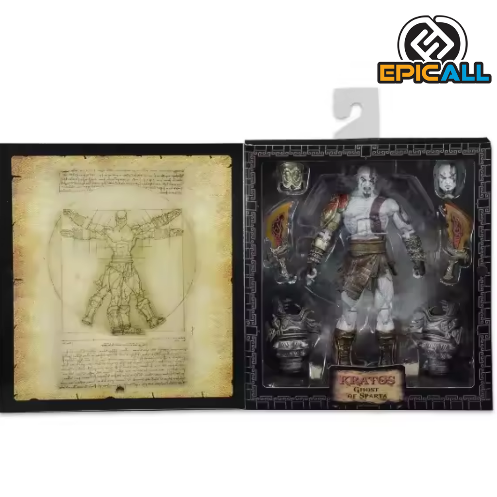 Una figura de acción de Kratos, el protagonista de la saga de videojuegos God of War. Kratos es un hombre corpulento con barba roja y ojos azules. Lleva una armadura espartana y empuña dos grandes hachas.
