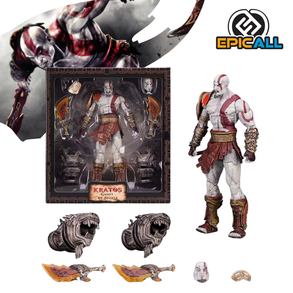 Una figura de acción de Kratos, el protagonista de la saga de videojuegos God of War. Kratos es un hombre corpulento con barba roja y ojos azules. Lleva una armadura espartana y empuña dos grandes hachas. Está representado en una pose de combate, con una expresión de furia en su rostro.
