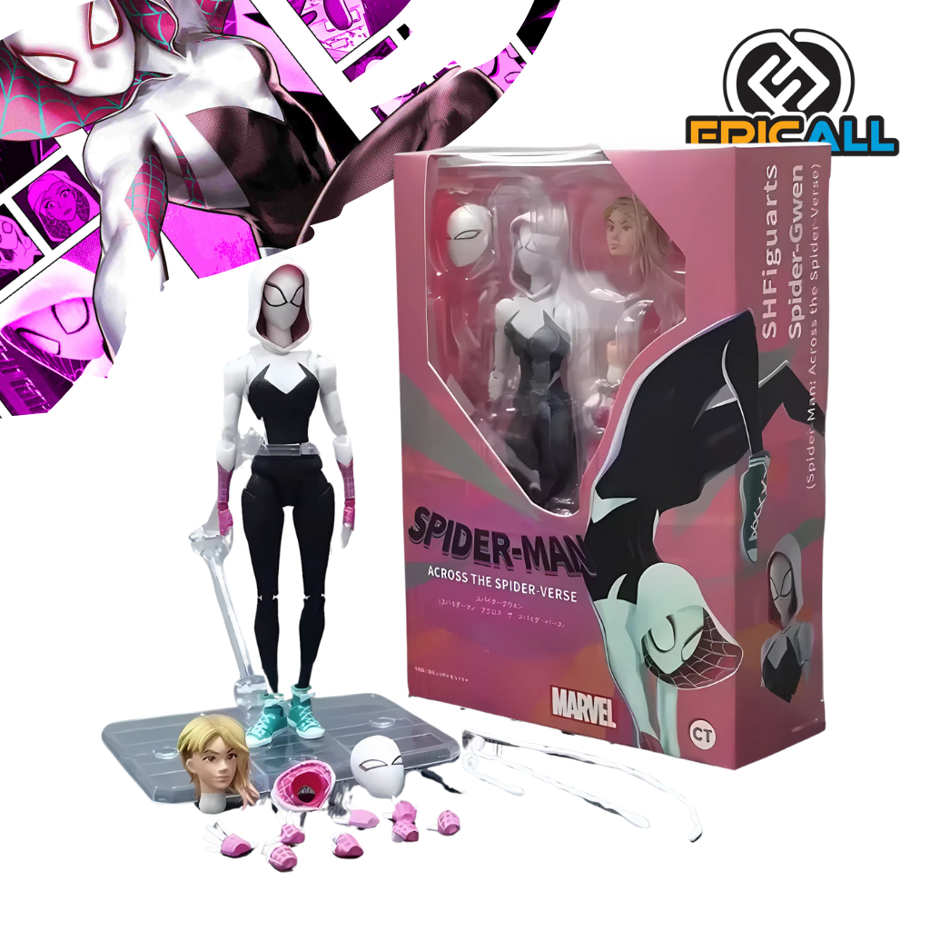 Una figura de acción articulada de Spider-Gwen, un personaje del universo Spider-Man. La figura es de tamaño mediano y está vestida con un traje de araña blanco y negro con detalles en rosa. Incluye múltiples accesorios, como cabezas intercambiables y telarañas.