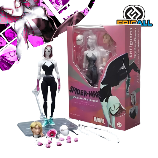 Una figura de acción articulada de Spider-Gwen, un personaje del universo Spider-Man. La figura es de tamaño mediano y está vestida con un traje de araña blanco y negro con detalles en rosa. Incluye múltiples accesorios, como cabezas intercambiables y telarañas.