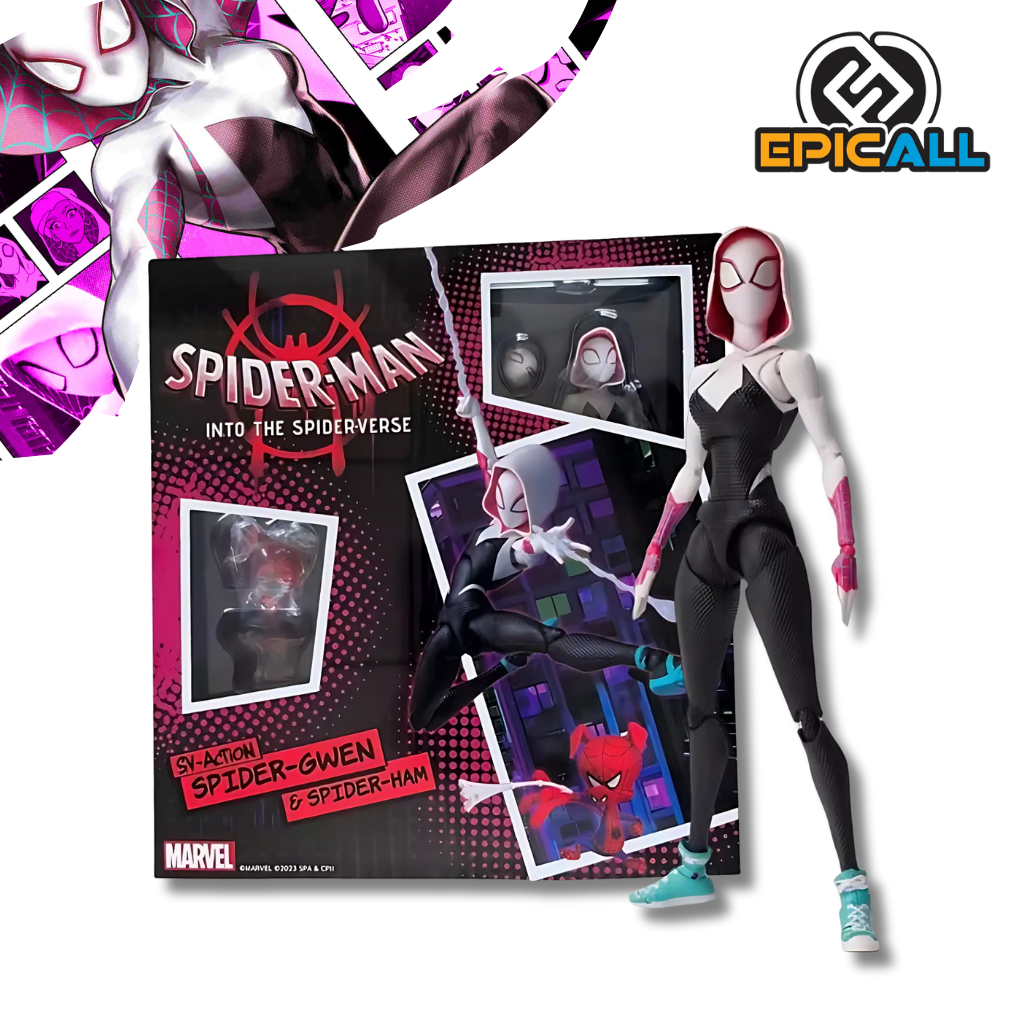Una figura de acción articulada de Spider-Gwen, un personaje femenino de la película de animación "Spider-Man: Into the Spider-Verse". Gwen está representada con su traje de Spider-Woman, que es predominantemente blanco con detalles en rosa y negro. La figura tiene múltiples puntos de articulación, lo que permite colocarla en diversas poses.