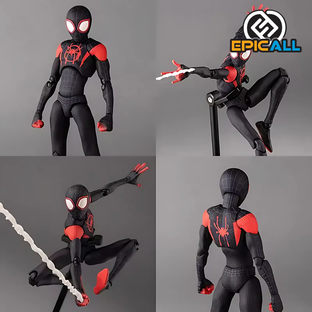 Collage de fotos de la figura de Miles Morales en diferentes posiciones.