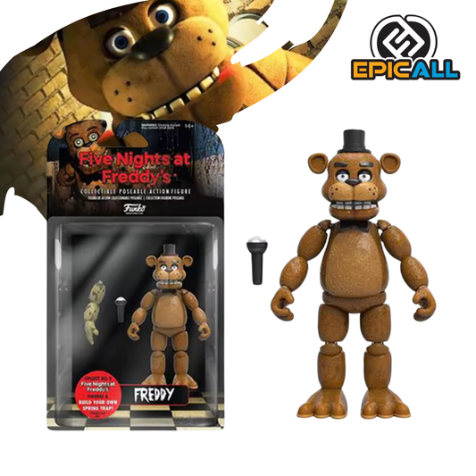 Una figura de acción articulada de Freddy Fazbear, el personaje principal de Five Nights at Freddy's. Freddy es un oso animatrónico de color marrón con un sombrero de copa negro y un micrófono en la mano. Tiene una expresión amigable pero un tanto inquietante.