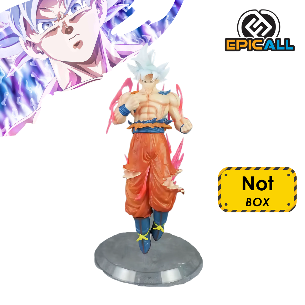Una figura de acción de Goku en su forma Ultra Instinto, un personaje del anime Dragon Ball Super. La figura representa a Goku en una pose de combate, con el cabello plateado erizado y un aura de energía azul y blanca.La figura está colocada sobre una base transparente.