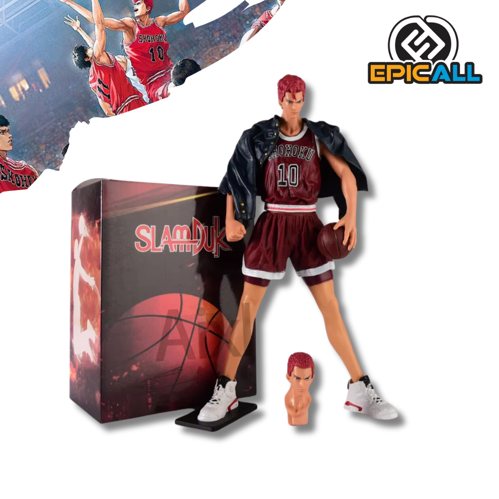 Una figura de acción de Hanamichi Sakuragi, un personaje del anime Slam Dunk. La figura representa a Sakuragi en una pose de juego de baloncesto, con el brazo levantado para lanzar una pelota imaginaria. Tiene el cabello rojo característico y viste el uniforme de su equipo.