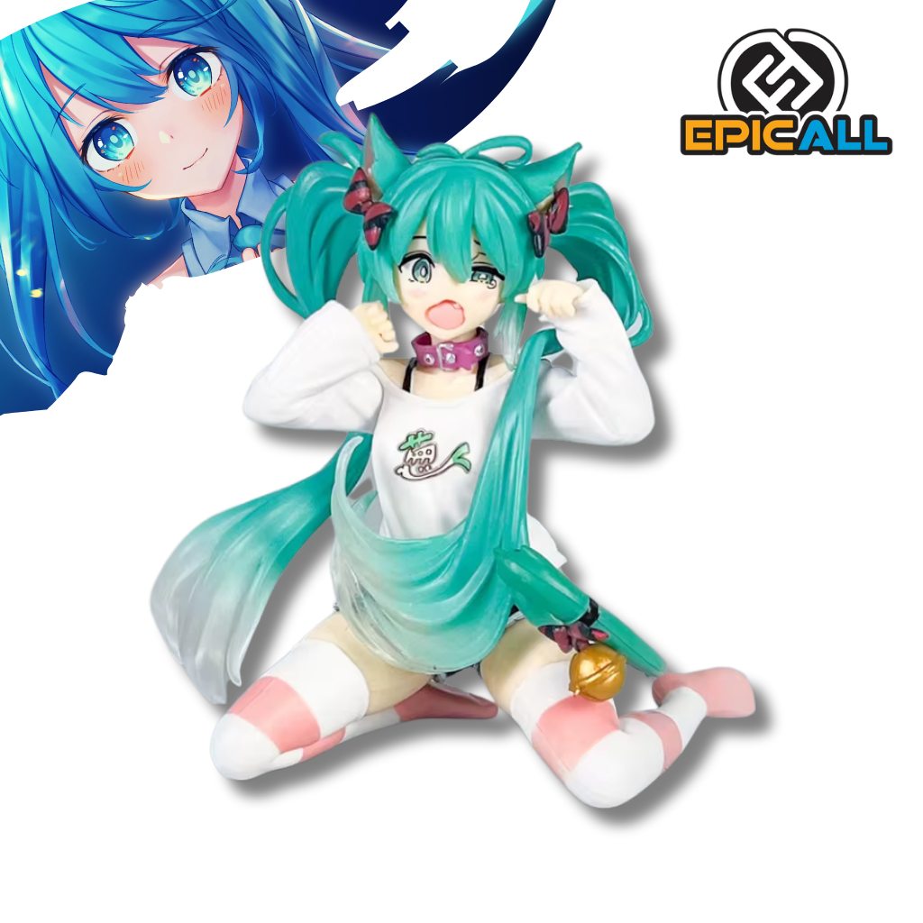 Una figura de Hatsune Miku de 11cm en pose agachada. Miku tiene su característico cabello turquesa con dos largas coletas y viste un atuendo blanco y rosa con detalles tecnológicos. Tiene una expresión alegre y está mirando hacia arriba.