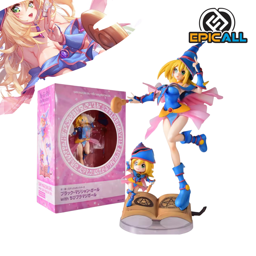 Una figura de acción de la Maga Oscura, un personaje del juego de cartas Yu-Gi-Oh!. La figura representa a la Maga Oscura en una pose dinámica, con su varita mágica en alto. Está vestida con un traje azul y rosa, y tiene el cabello rubio. La figura está colocada sobre una base transparente.