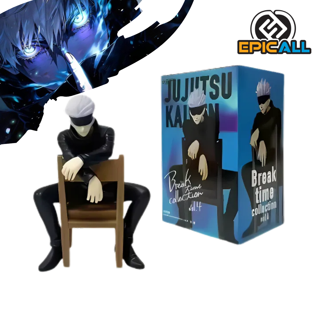 Una figura de acción de Satoru Gojo, un personaje del anime Jujutsu Kaisen. La figura representa a Gojo sentado en una silla, con los ojos vendados y una expresión serena. Lleva un abrigo largo y sus característicos pantalones negros. La figura está colocada sobre una base.