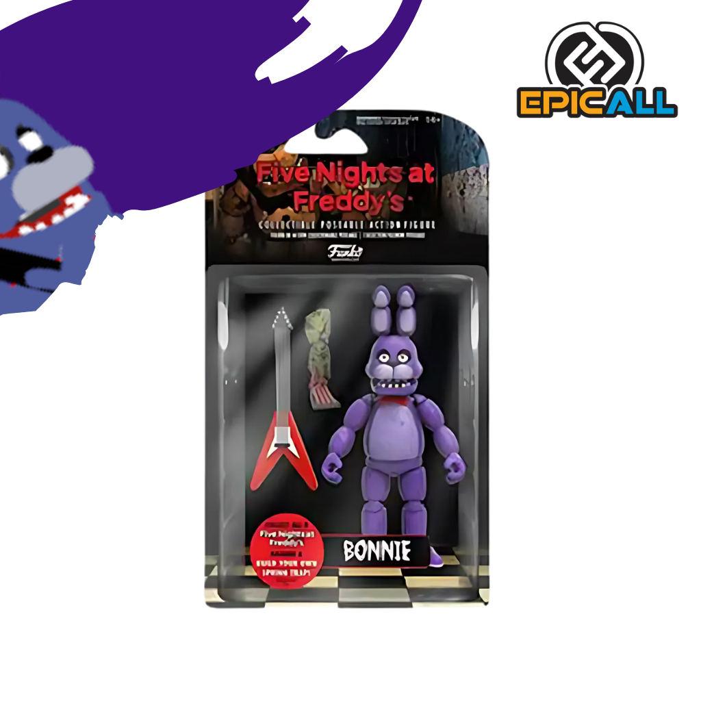 Figura articulada de Bonnie de Five Nights at Freddy's, incluye guitarra eléctrica roja. Tamaño 15 cm de altura, ideal para coleccionistas. en su empaque.