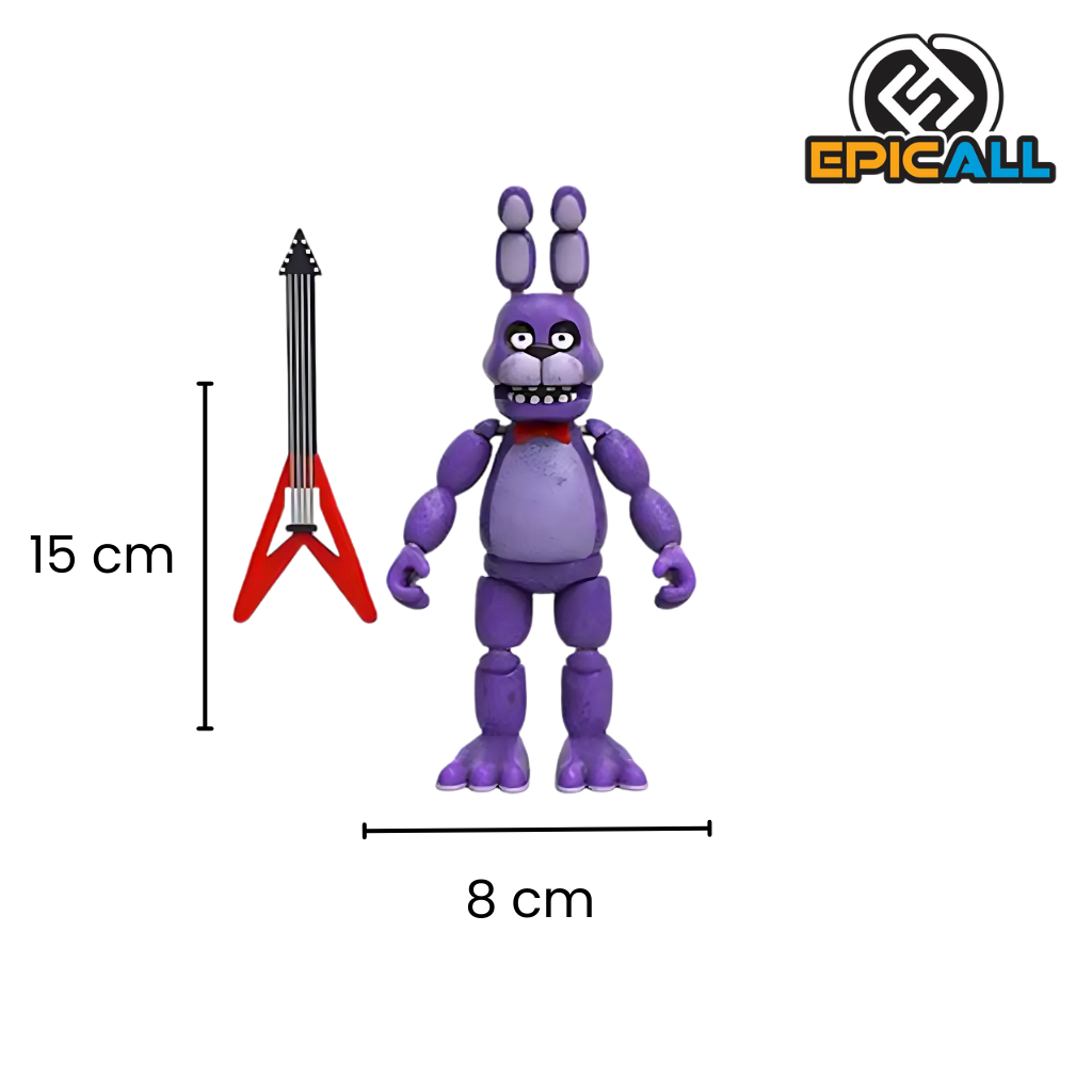 Figura articulada de Bonnie de Five Nights at Freddy's, incluye guitarra eléctrica roja. Tamaño 15 cm de altura, ideal para coleccionistas.