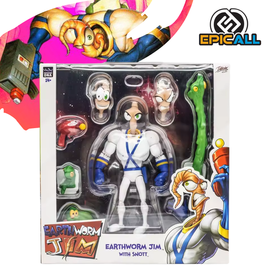 Una figura de acción articulada de Earthworm Jim, un videojuego clásico. Earthworm Jim es una lombriz antropomórfica que lleva un traje azul y blanco. Está representado en una pose dinámica, con su pistola láser en una mano. La figura incluye a su compañero, Snott, una pequeña criatura verde.