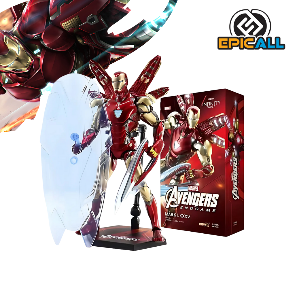 Una figura de acción articulada de Iron Man Mark 85, el traje de Iron Man de Avengers: Endgame. La figura representa a Iron Man en una pose dinámica, con los repulsores activados. El traje es de color rojo y dorado, con detalles metálicos. La figura está colocada sobre una base negra.