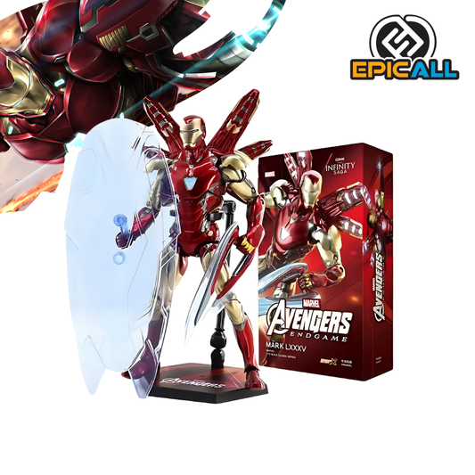 Una figura de acción articulada de Iron Man Mark 85, el traje de Iron Man de Avengers: Endgame. La figura representa a Iron Man en una pose dinámica, con los repulsores activados. El traje es de color rojo y dorado, con detalles metálicos. La figura está colocada sobre una base negra.