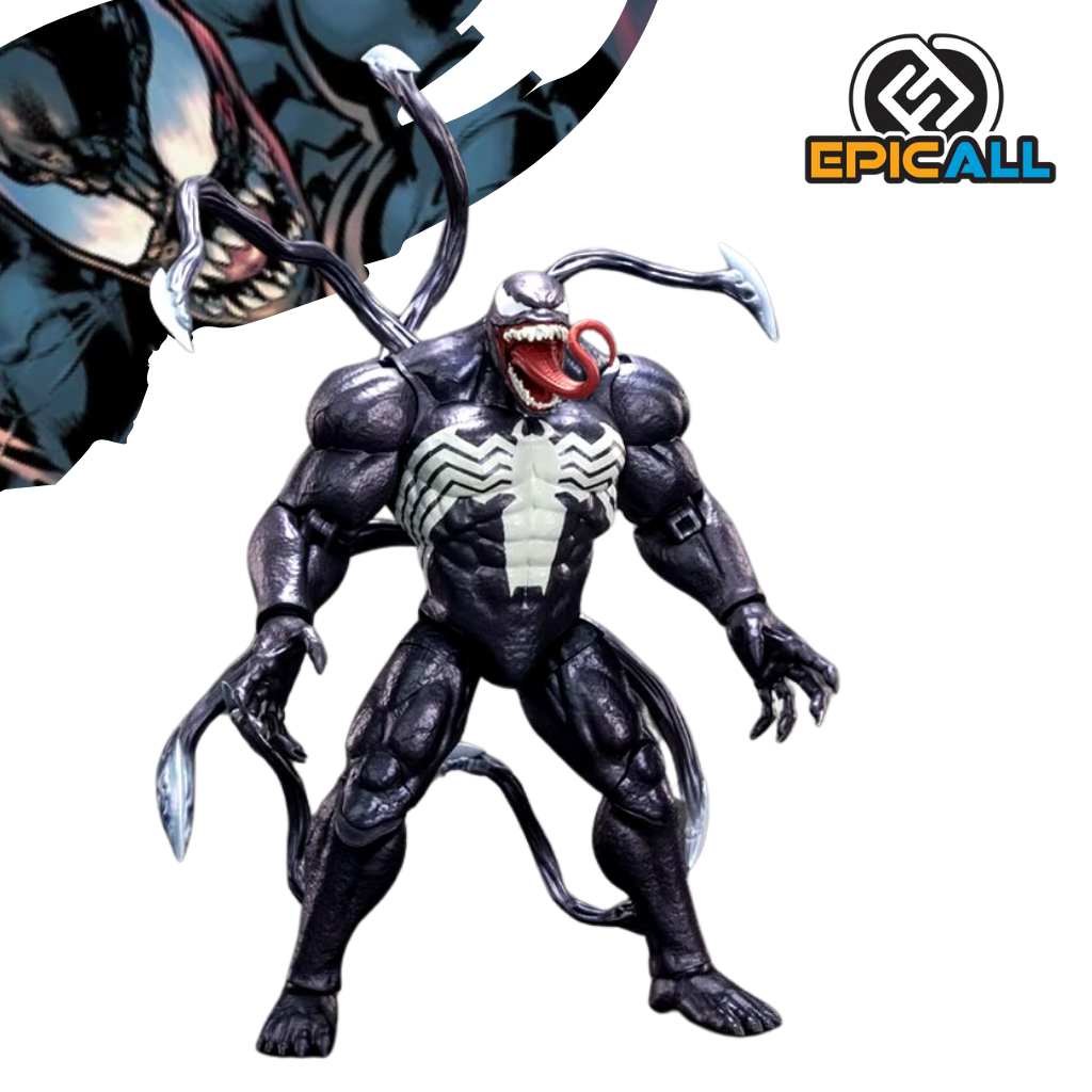 Figura de acción de Venom, un personaje de cómics y películas de Marvel. La figura está hecha de PVC y tiene 24 cm de altura. Tiene un cuerpo musculoso, piel negra y blanca, y múltiples tentáculos.