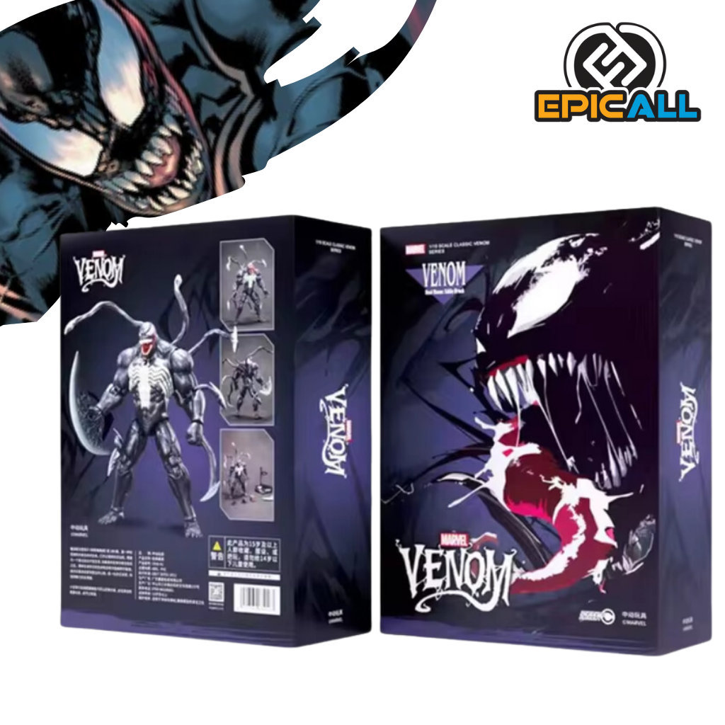 Figura de acción de Venom, un personaje de cómics y películas de Marvel. La figura está hecha de PVC y tiene 24 cm de altura. Tiene un cuerpo musculoso, piel negra y blanca, y múltiples tentáculos.