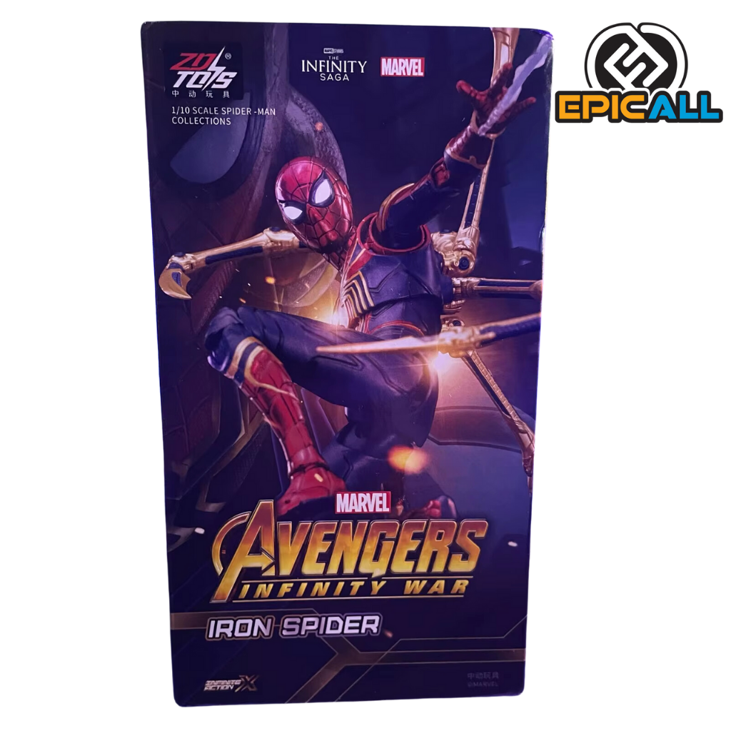 Una figura de acción articulada de Iron Spider, una versión de Spider-Man con un traje metálico y patas mecánicas. La figura está en una pose dinámica, con los brazos extendidos y las patas mecánicas desplegadas. Tiene un traje rojo y negro con detalles dorados.