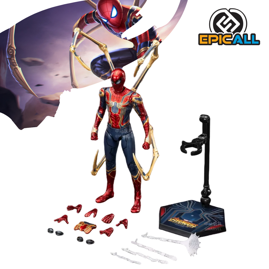 Una figura de acción articulada de Iron Spider, una versión de Spider-Man con un traje metálico y patas mecánicas. La figura está en una pose dinámica, con los brazos extendidos y las patas mecánicas desplegadas. Tiene un traje rojo y negro con detalles dorados. La figura está colocada sobre una base negra.