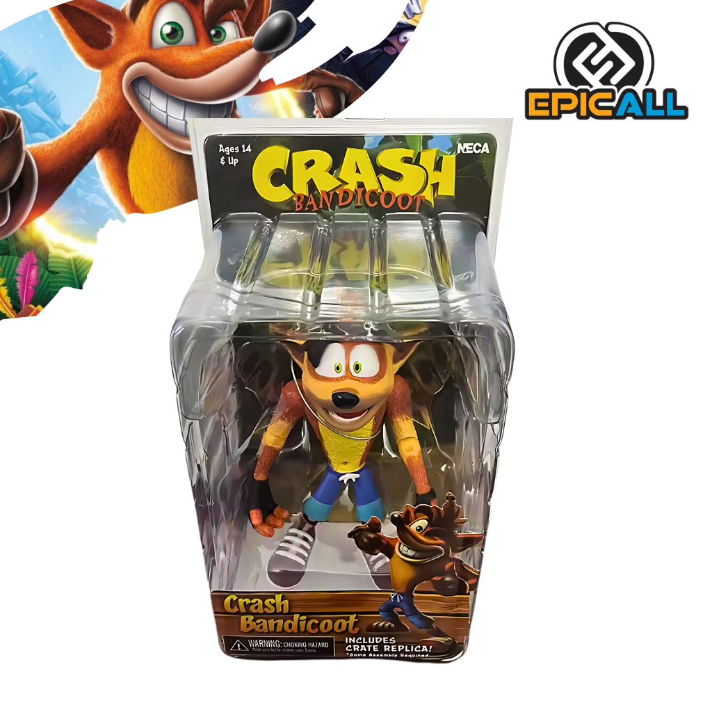 Una figura de acción de Crash Bandicoot, un personaje de videojuegos. La figura representa a Crash Bandicoot en una pose dinámica, listo para correr y saltar. Es de color naranja y marrón, y lleva pantalones cortos azules y zapatillas blancas. La figura tiene múltiples puntos de articulación.