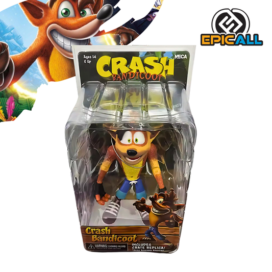 Una figura de acción de Crash Bandicoot, un personaje de videojuegos. La figura representa a Crash Bandicoot en una pose dinámica, listo para correr y saltar. Es de color naranja y marrón, y lleva pantalones cortos azules y zapatillas blancas. La figura tiene múltiples puntos de articulación.