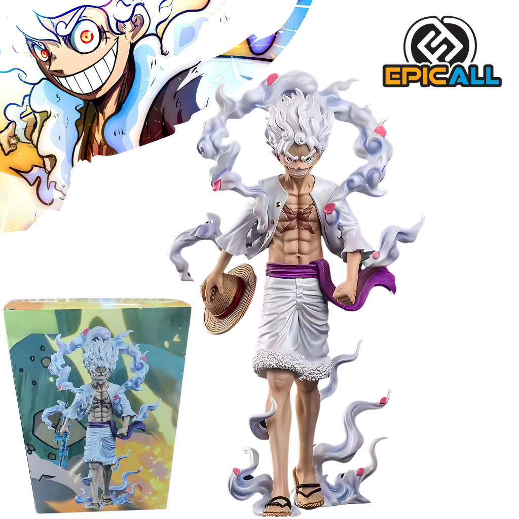 Una figura de acción de Luffy Gear 5, la nueva transformación de Monkey D. Luffy en el anime One Piece. La figura representa a Luffy con un cuerpo elástico y alargado, en una pose de combate. Tiene el cabello blanco y lleva un traje rojo y blanco. La figura está colocada sobre una base con elementos del mundo de One Piece.