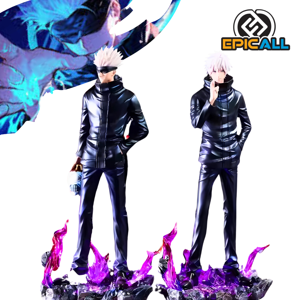 Una figura de acción de Satoru Gojo, un personaje del anime Jujutsu Kaisen. La figura representa a Gojo en una pose poderosa, con los ojos vendados y rodeado de una energía maldita. Lleva un uniforme negro y sostiene un objeto en la mano. La figura está colocada sobre una base con efectos de energía.