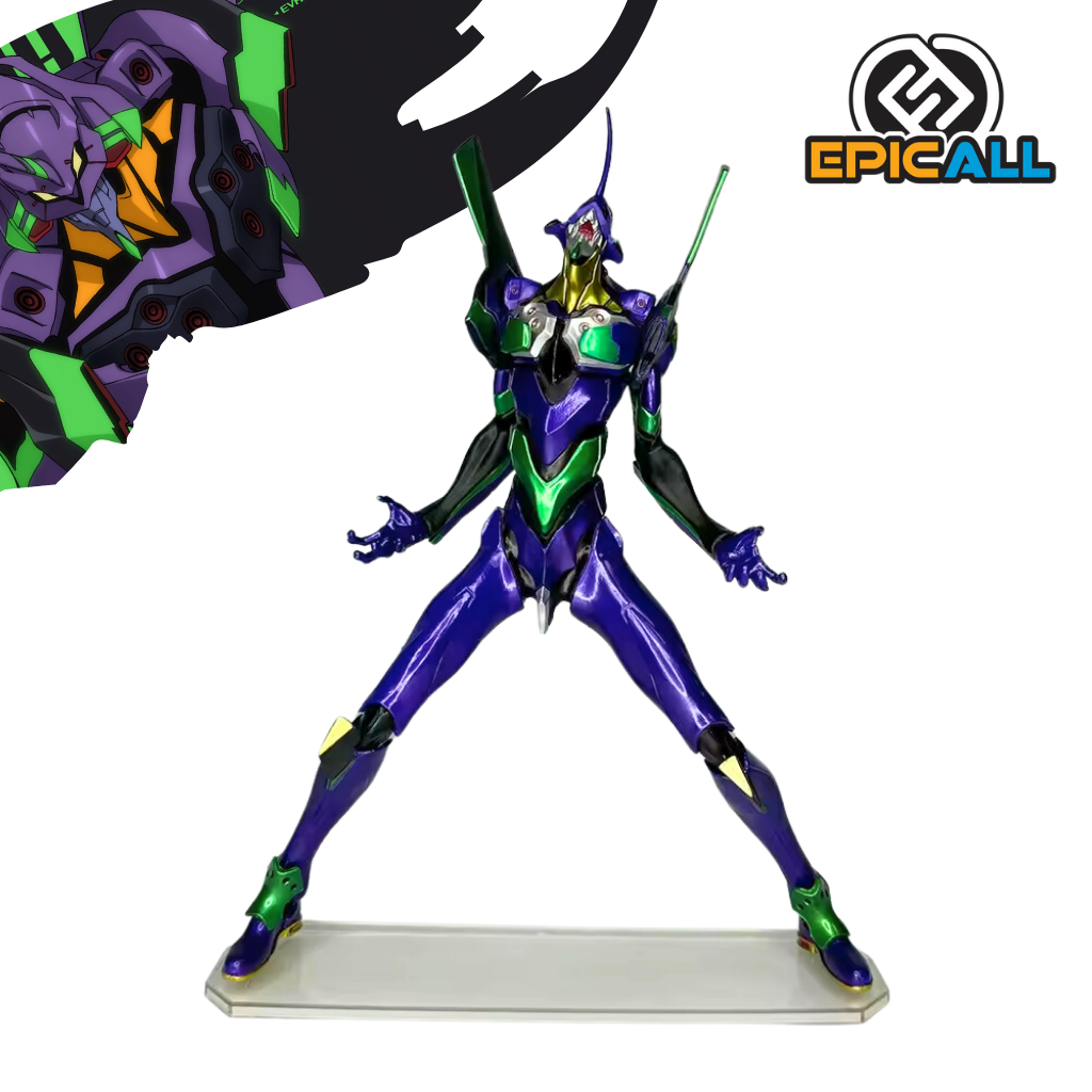 Una figura de acción de Eva-01, el mecha protagonista de la serie de anime Neon Genesis Evangelion. La figura representa a Eva-01 en una pose de combate, con sus brazos extendidos y una expresión determinada. Tiene un diseño robótico con colores predominantemente púrpura y verde. La figura está colocada sobre una base transparente.