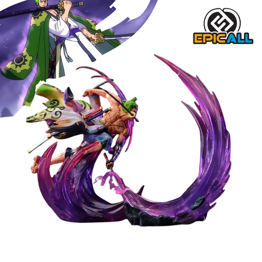 Una figura de acción de Roronoa Zoro, un personaje del anime One Piece. La figura representa a Zoro en su forma de Wano, con una postura de combate y rodeado de efectos de energía morada. Lleva un kimono verde y negro y empuña sus tres espadas.