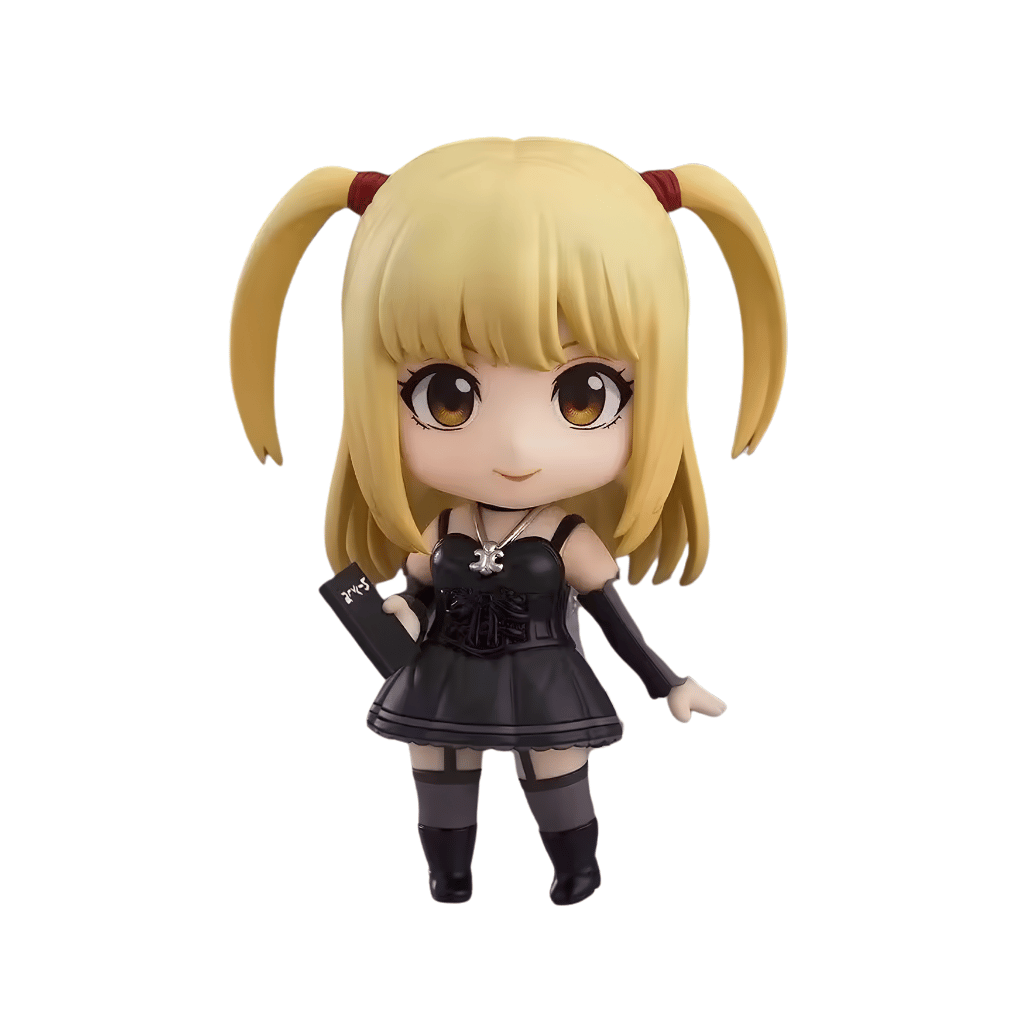Figura coleccionable tipo Nendoroid de 10 cm de altura de Misa Amane de Death Note, con diseño chibi, cabello rubio en dos coletas, vestido gótico negro con corsé y sosteniendo una Death Note en miniatura.