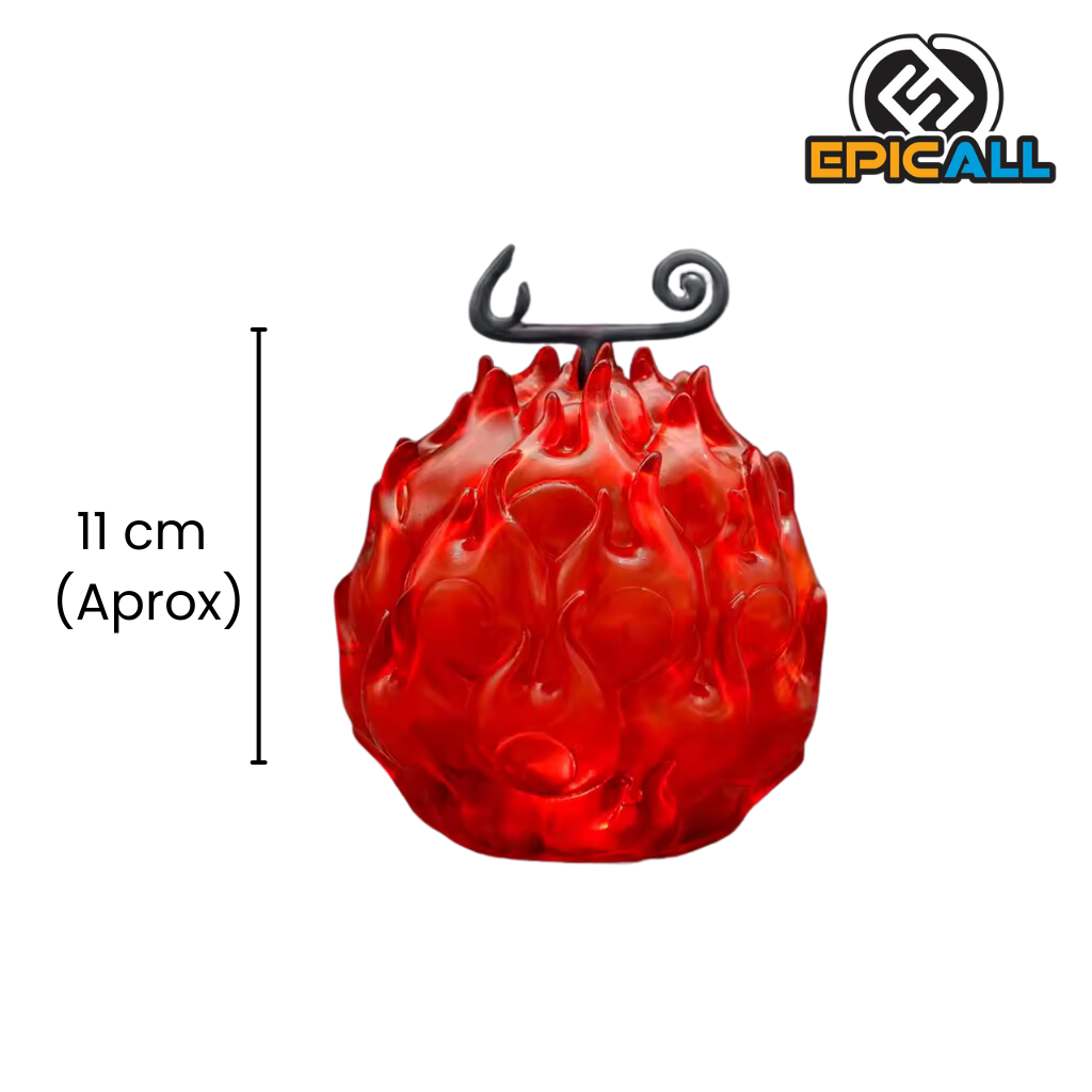 Una réplica de la Fruta Mera Mera no Mi de One Piece. Es una fruta de color rojo brillante de 11 cm de alto