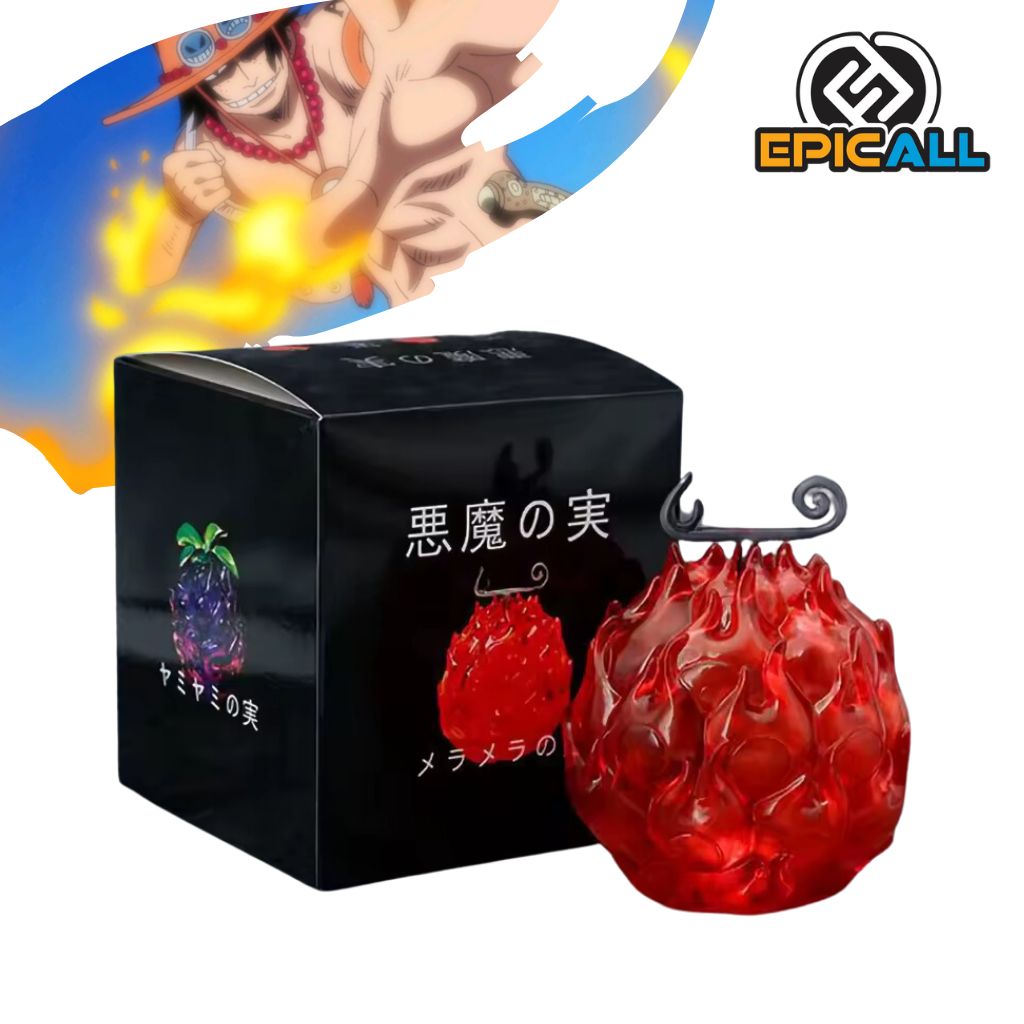 Una réplica de la Fruta Mera Mera no Mi de One Piece. Es una fruta de color rojo brillante con una forma irregular, similar a una llama. Emite una luz cálida desde su interior.