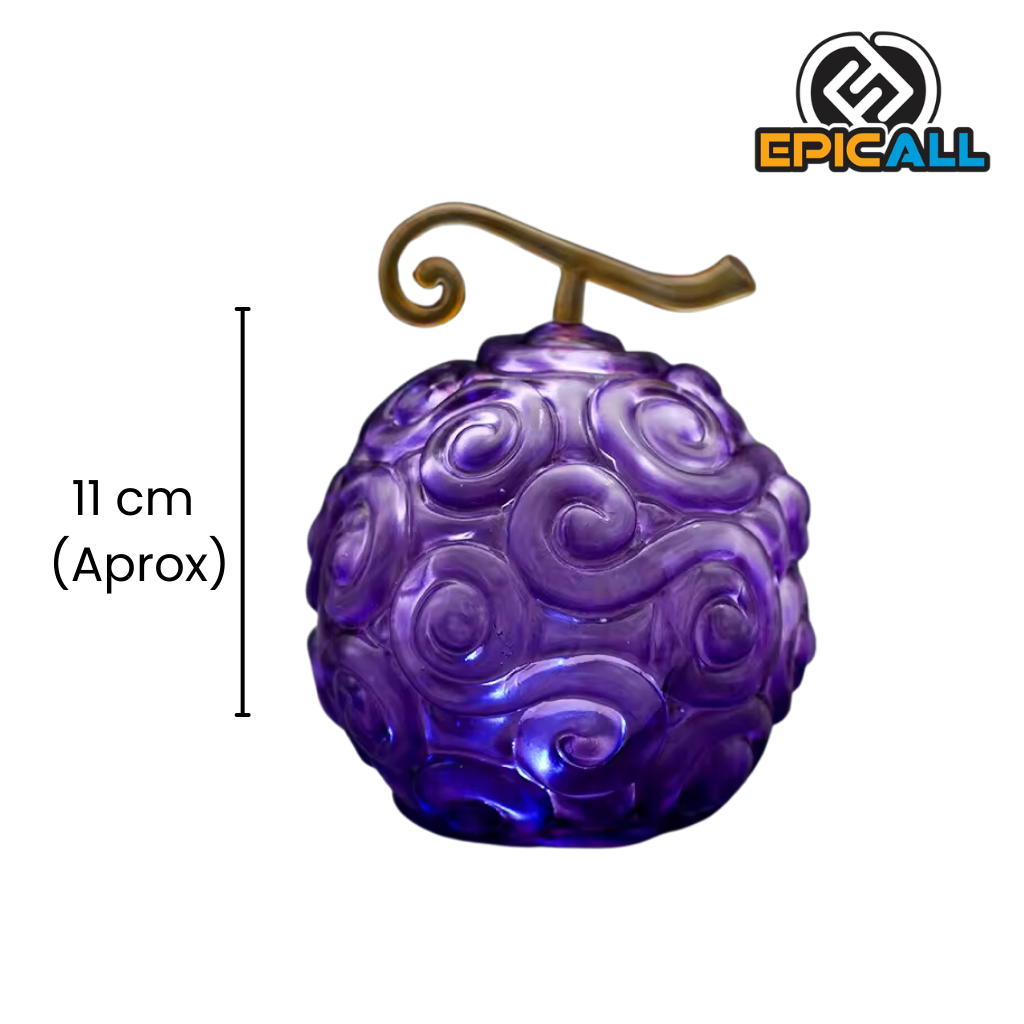 Una réplica de la Fruta del Diablo Gomu Gomu no Mi de One Piece. Es una fruta de color púrpura. 11 cm de alto aproximadamente