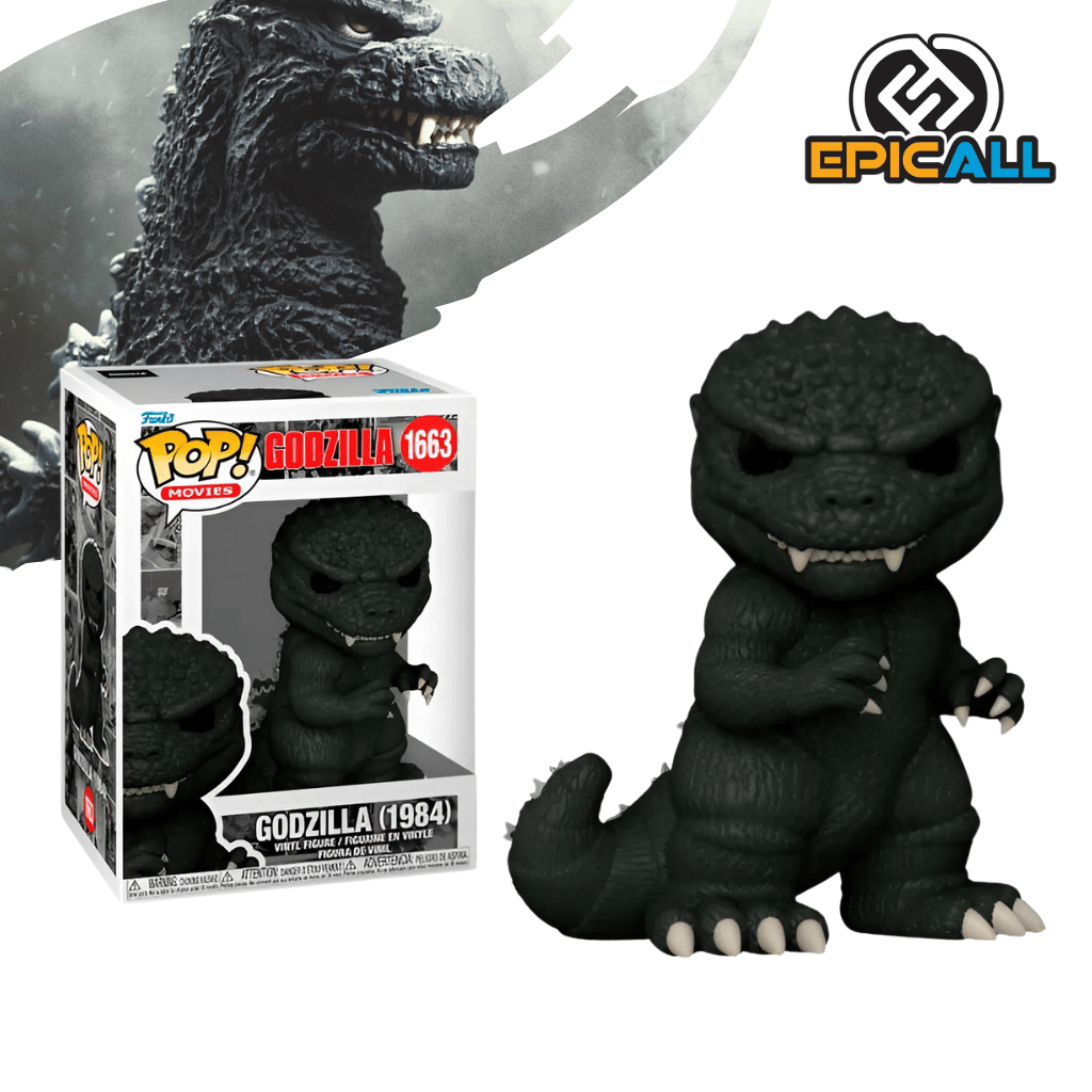 Un Funko POP de Godzilla en su diseño de la película de 1984. Godzilla es de color negro con ojos amarillos y dientes blancos. Tiene una expresión amenazante y está de pie con sus brazos ligeramente levantados. La figura tiene un diseño característico de Funko POP, con cabeza grande y ojos redondos.