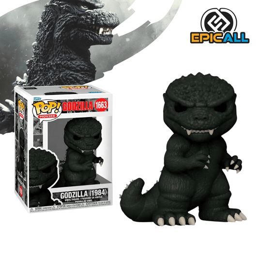 Un Funko POP de Godzilla en su diseño de la película de 1984. Godzilla es de color negro con ojos amarillos y dientes blancos. Tiene una expresión amenazante y está de pie con sus brazos ligeramente levantados. La figura tiene un diseño característico de Funko POP, con cabeza grande y ojos redondos.