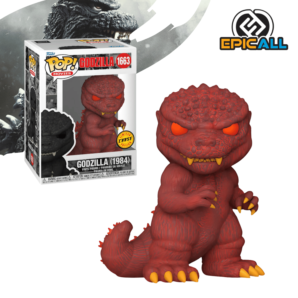 Un Funko POP de Godzilla en su diseño de la película de 1984 versión Chase. Godzilla es de color rojo con ojos amarillos y dientes blancos. Tiene una expresión amenazante y está de pie con sus brazos ligeramente levantados. La figura tiene un diseño característico de Funko POP, con cabeza grande y ojos redondos.